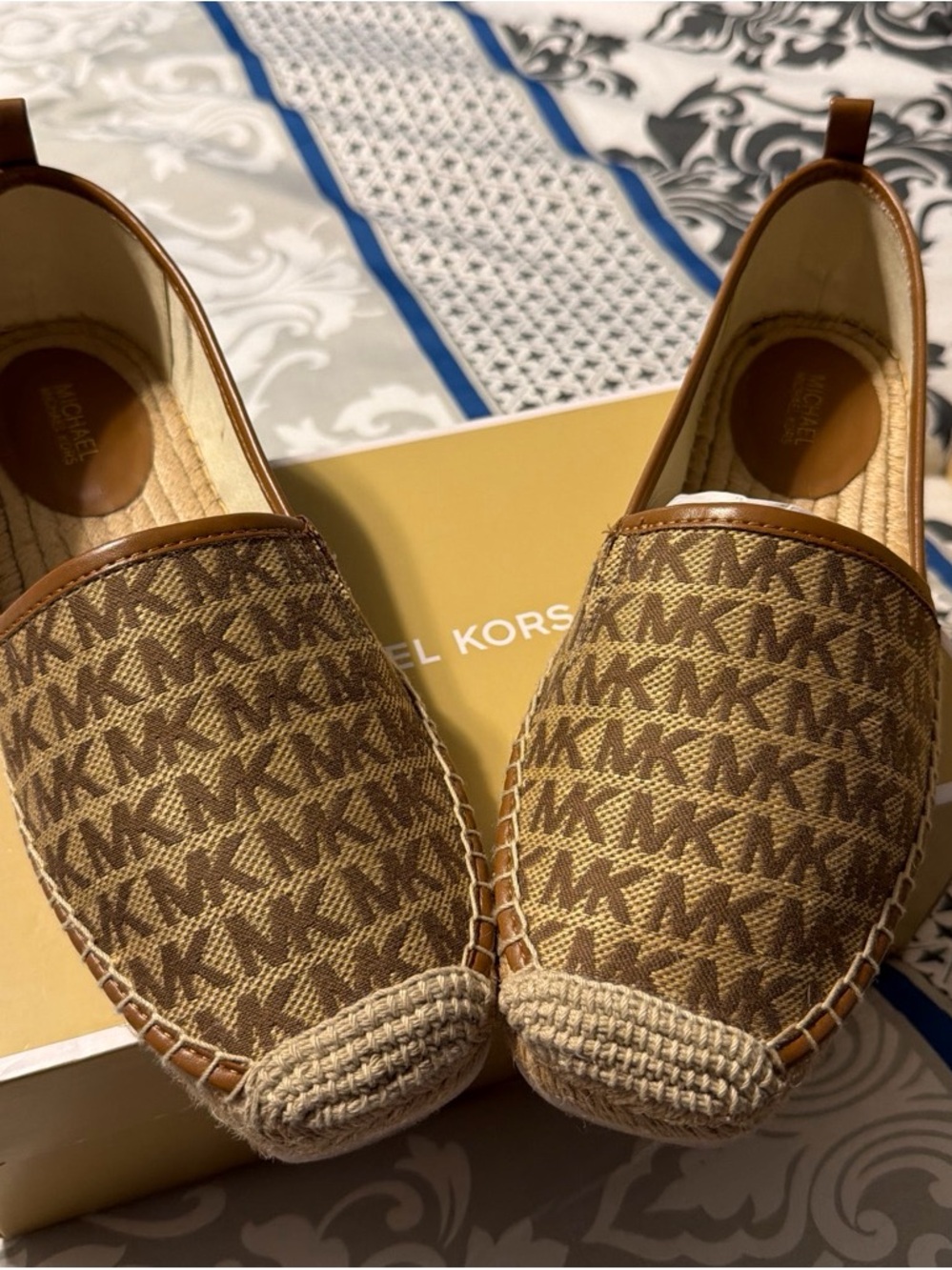 Michael Kors Brown MK Logo Espadrille Slip-Ons with Tan Trim